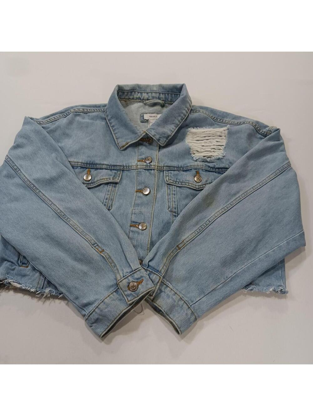 Forever 21 Women's Blue Cropped Distressed Denim Frayed Jacket Size Large